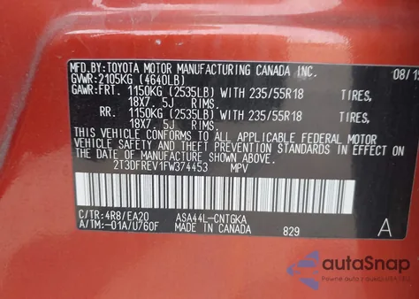 2015 Toyota Rav4 Limited из США, поврежденный, VIN 2T3DFREV1FW374453